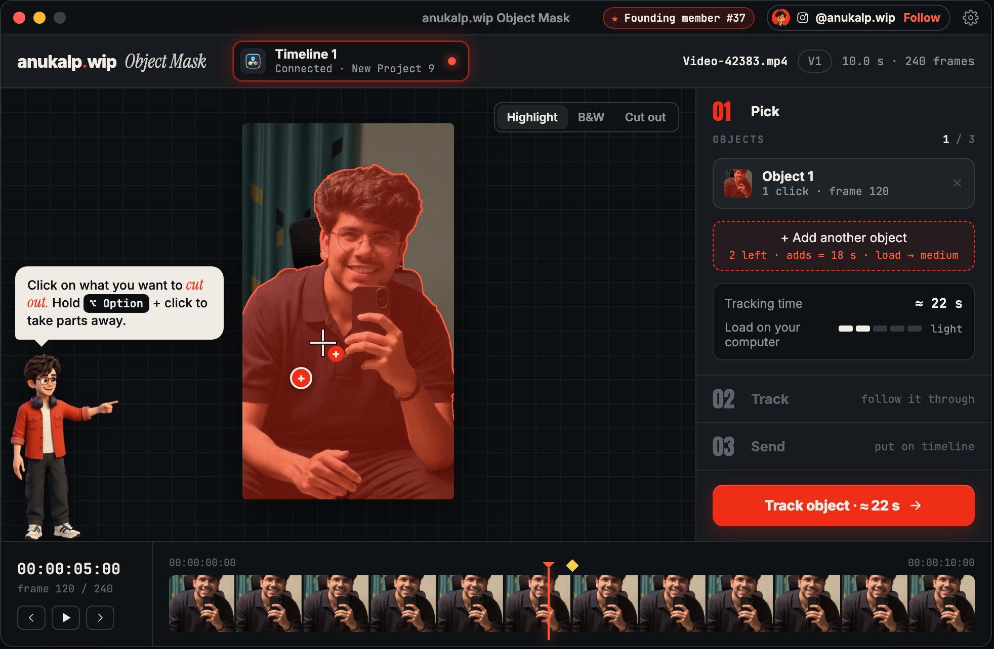 Object Mask app: one click selects the person