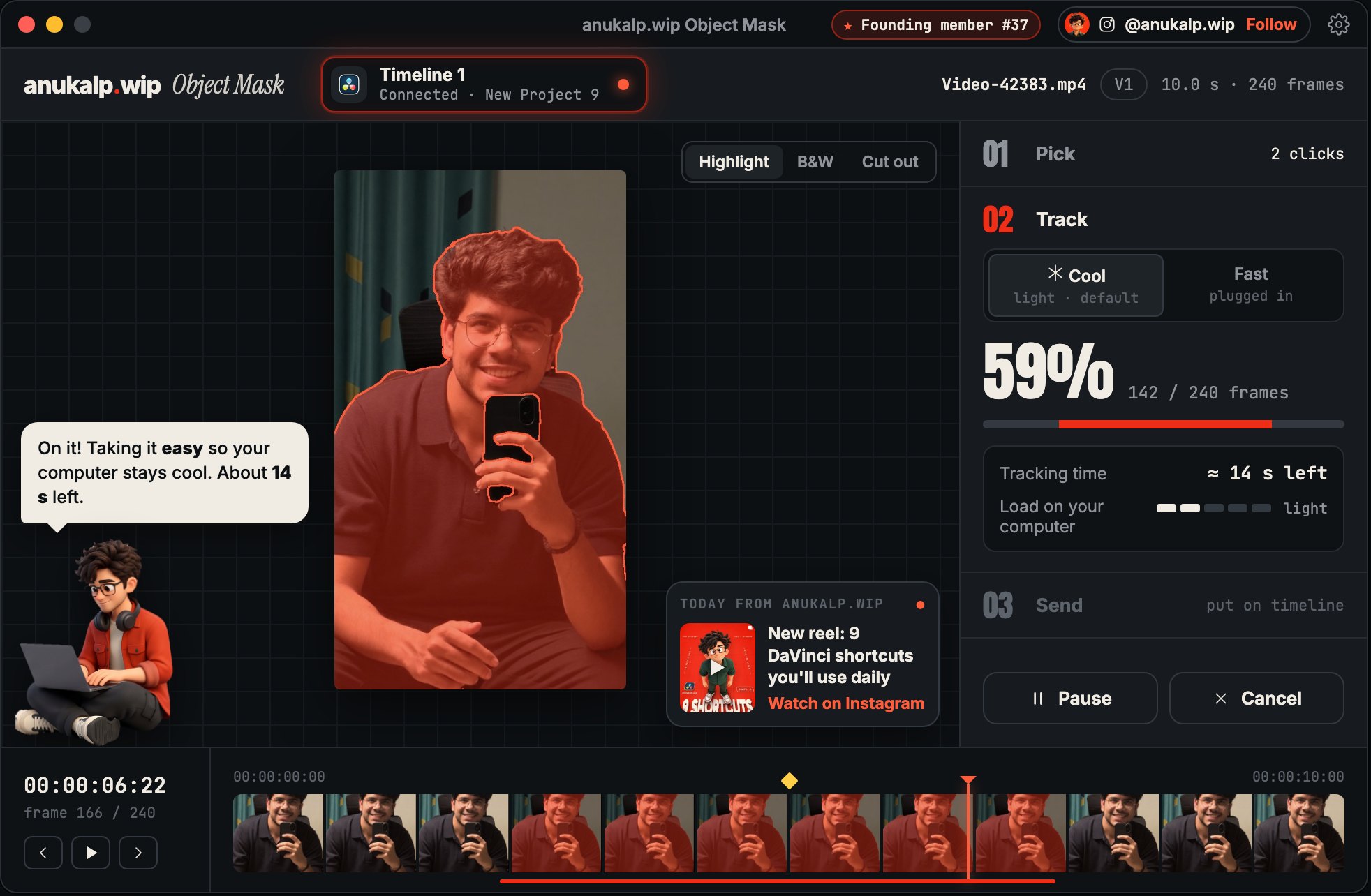 Object Mask tracking the person through the clip